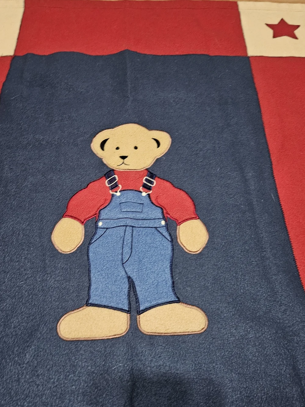 Vintage Blue Jean Teddy Bear Baby Blanket Fleece Red Yellow Blue Stars 32